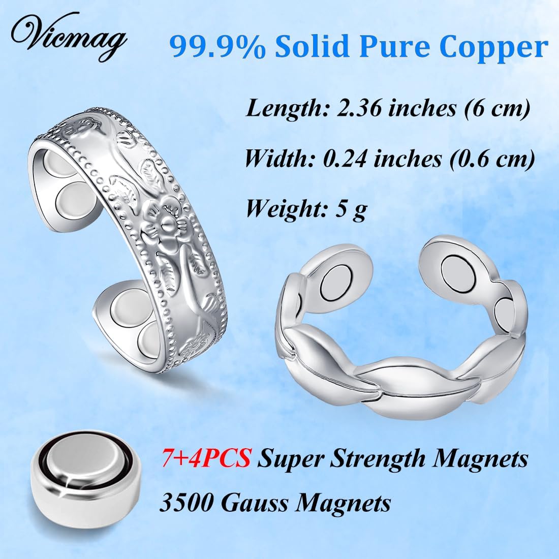 Vicmag Copper Magnetic Ring for Women, Magnetic Rings Ladies Fingers Thumb 100% Solid Pure Copper Jewelry Gift Adjustable (Leave+Folwer Silver)