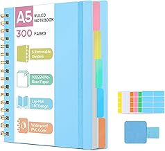 ihaspoko Cahier Spirale A5 avec 5 Séparateurs Amovibles | PVC Rigide - 300 Pages Lignées | Bloc-Notes pour Études, Travail et Cadeaux Scolaires