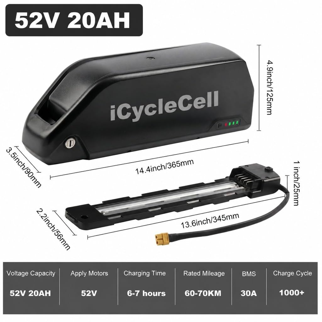 52V 20AH Batteria per Bicicletta Elettrica con Caricatore Rapido da 3A, Hailong Batteria Agli Ioni di Litioper Bici Elettrica Sul Tubo Obliquo, con Piastra di Base a 5 Pin