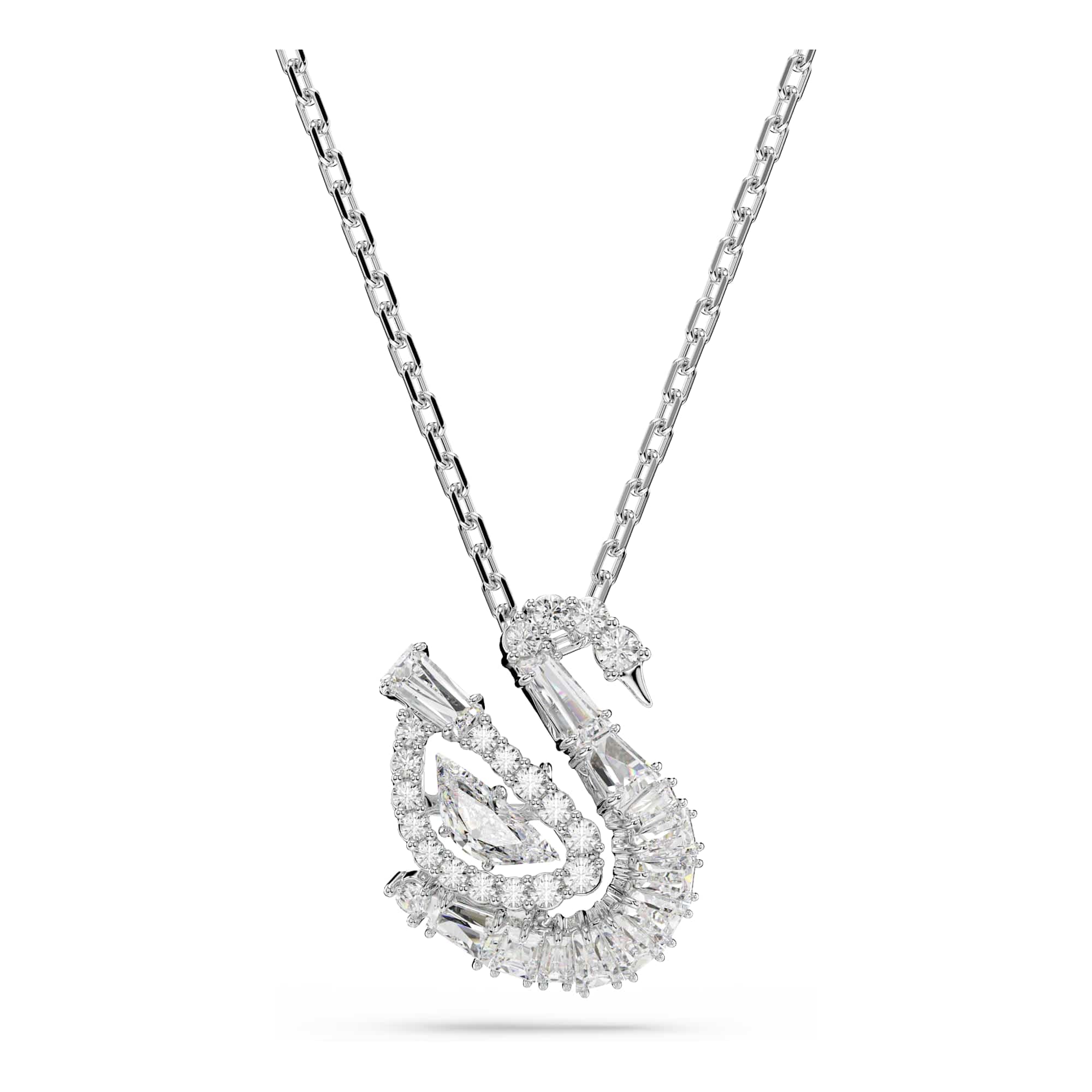 Swarovski Swan Pendant Necklace, Clear Mixed-Cut Crystals and Clear Dancing Stone in a Rhodium-Finished Setting, Part of the Swan Collection