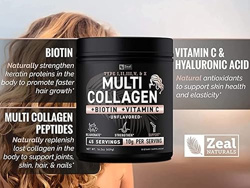 Miniatura 4 de Proteína en polvo de péptidos multicolágeno premium (1, 2, 3, 5 y 10) con vitamina C, biotina, ácido hialurónico, para la piel del cabello y las