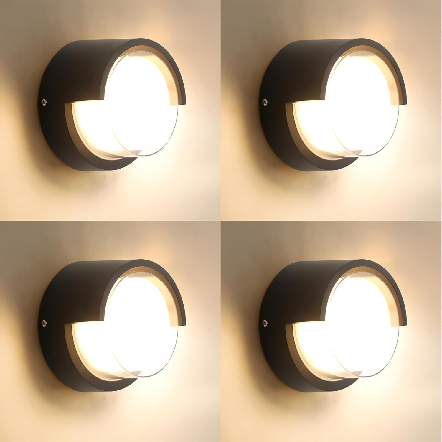 Outdoor Wall Light 4 Pack - Minimal Design Wall Sconce - Modern Black Round Lights - Warm 3000K - For Corridor