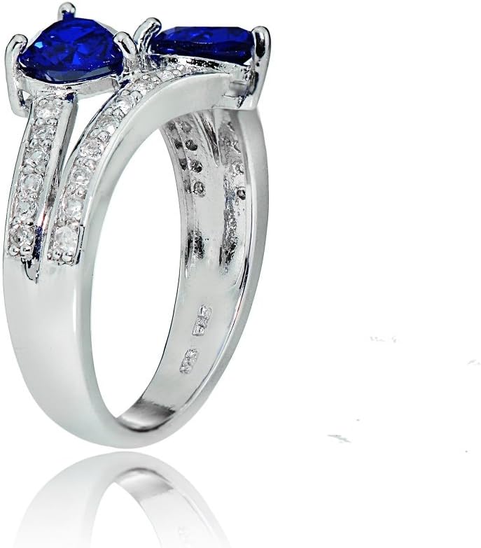 Ice Gems Sterling Silver Created Blue Sapphire and White Topaz Double Heart Friendship Ring