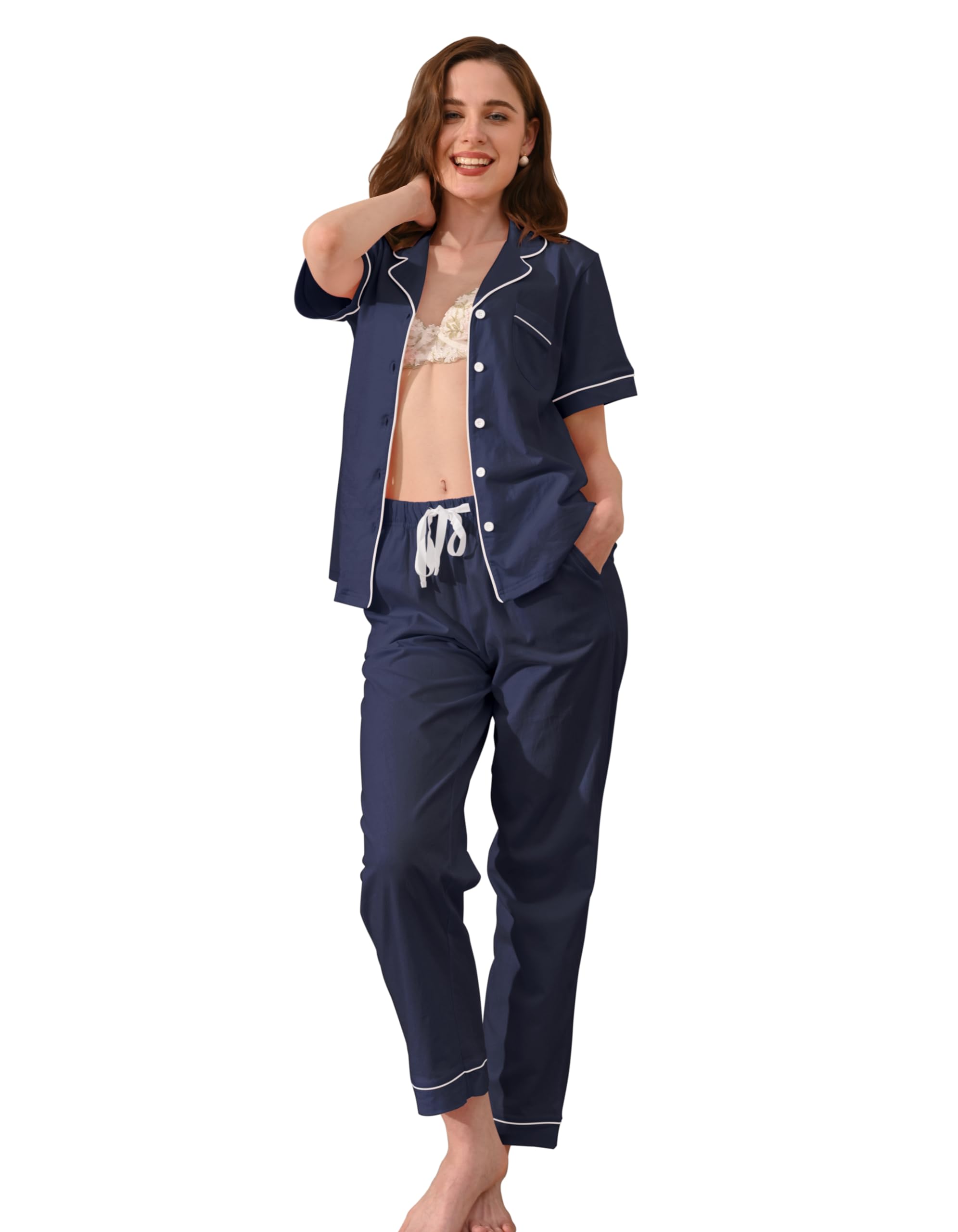 NAP BOUND 100% Cotton Women's Pajama Sets Short Sleeve Button Down Soft Pjs 2 Piece Lounge Set with Pocket Nightwear XS-XXL