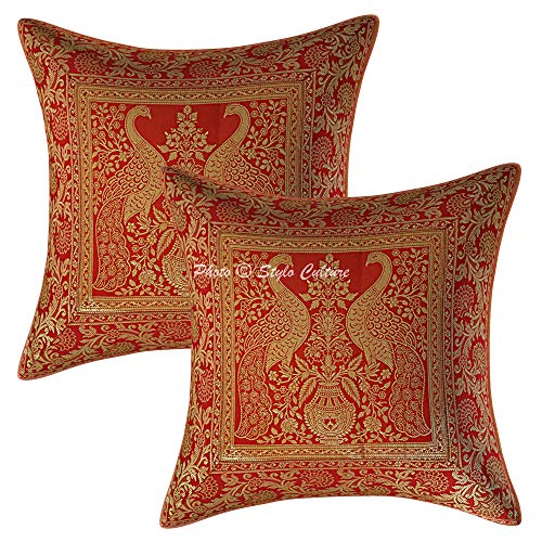 Image of Decorative Brocade Cushion Covers 16x16 Inch Banarasi Jacquard Weave Red & Gold Living Room Decor Peacock Traditional Square 40x40 cm Zippered Sofa Settee Pillowcases -Set of 2 Pcs