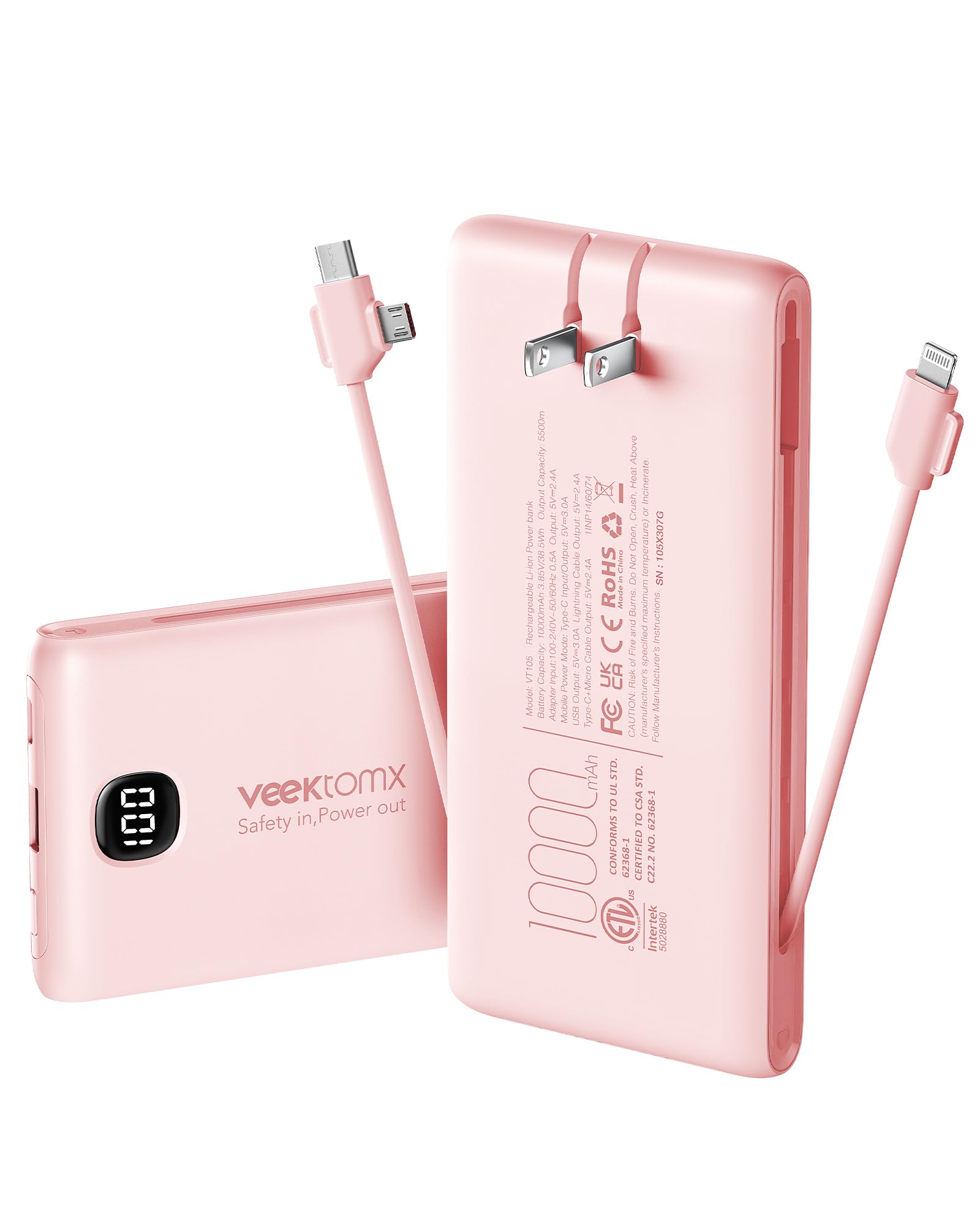 Portable Charger Power Bank Built in Cables and Wall Plug, 10000mAh iPhone Battery Pack Fast Charging, USB C External Slim Power Bank, Travel Essentials Compatible with iPhone 16 15 14 13 iPad, Pink