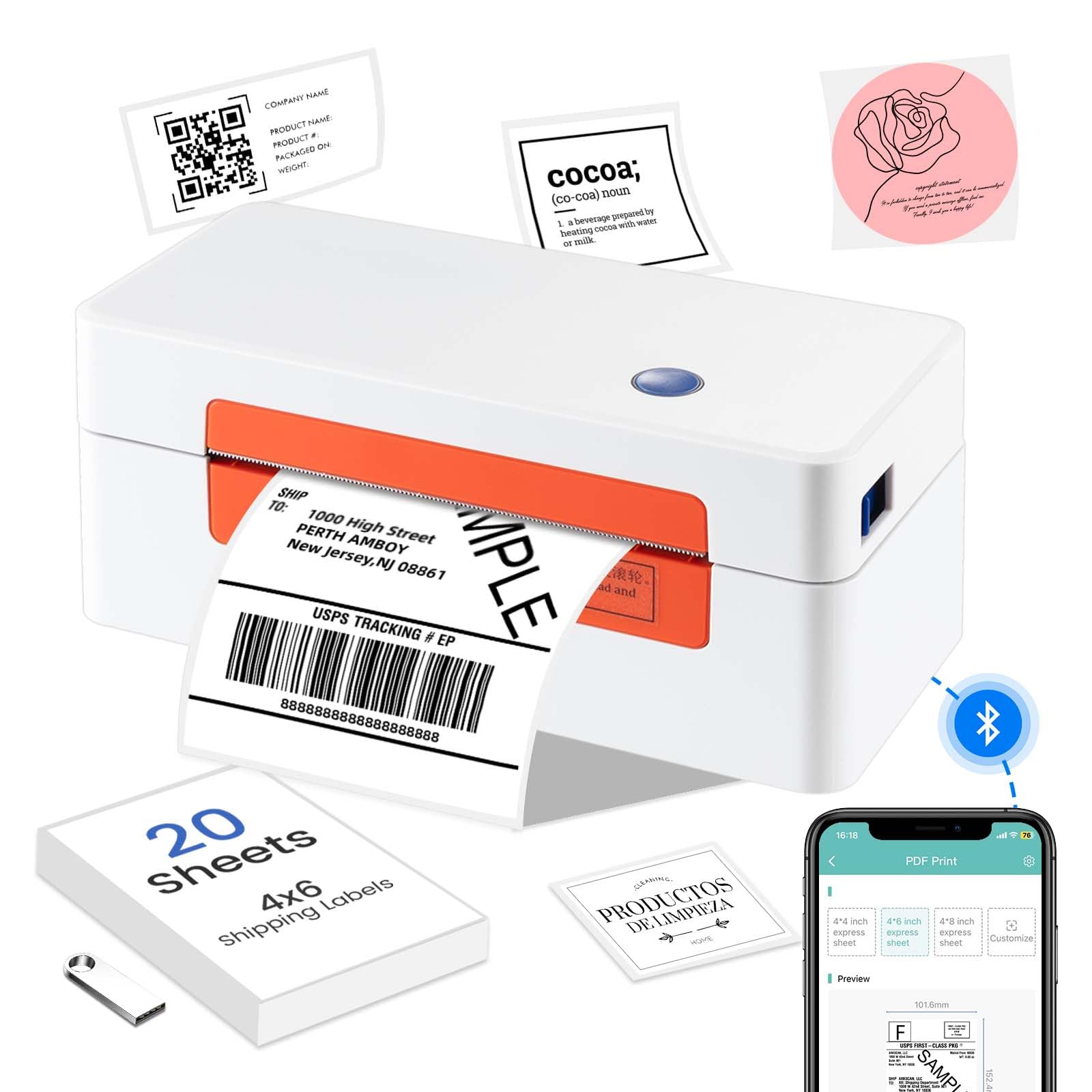 LFPERT Bluetooth Thermal Label Printer - 4x6 Small Business Label Printer for Shipping Packages,Compatible with Amazon,Ebay, Shopify,Support Android/iPhone/Windows(White-Orange)