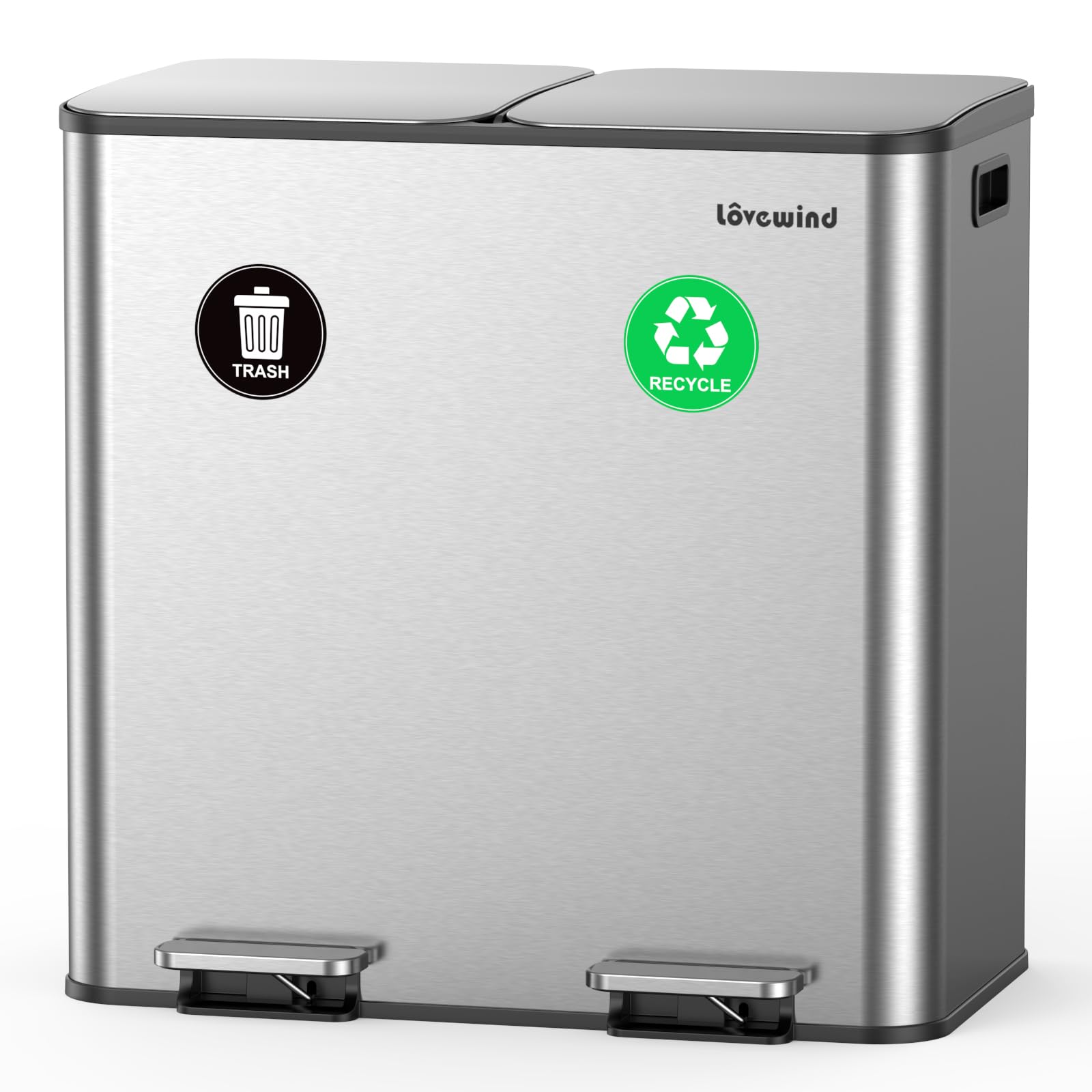lovewind Mülleimer Küche 80L, 2 x 40L Mülltrennsystem mit 2 Fächern, Edelstahl Tretmülleimer mit Soft-Close Deckel, Herausnehmbare Inneneimer, Fingerabdruckresistent, Geruchsdicht, Silber