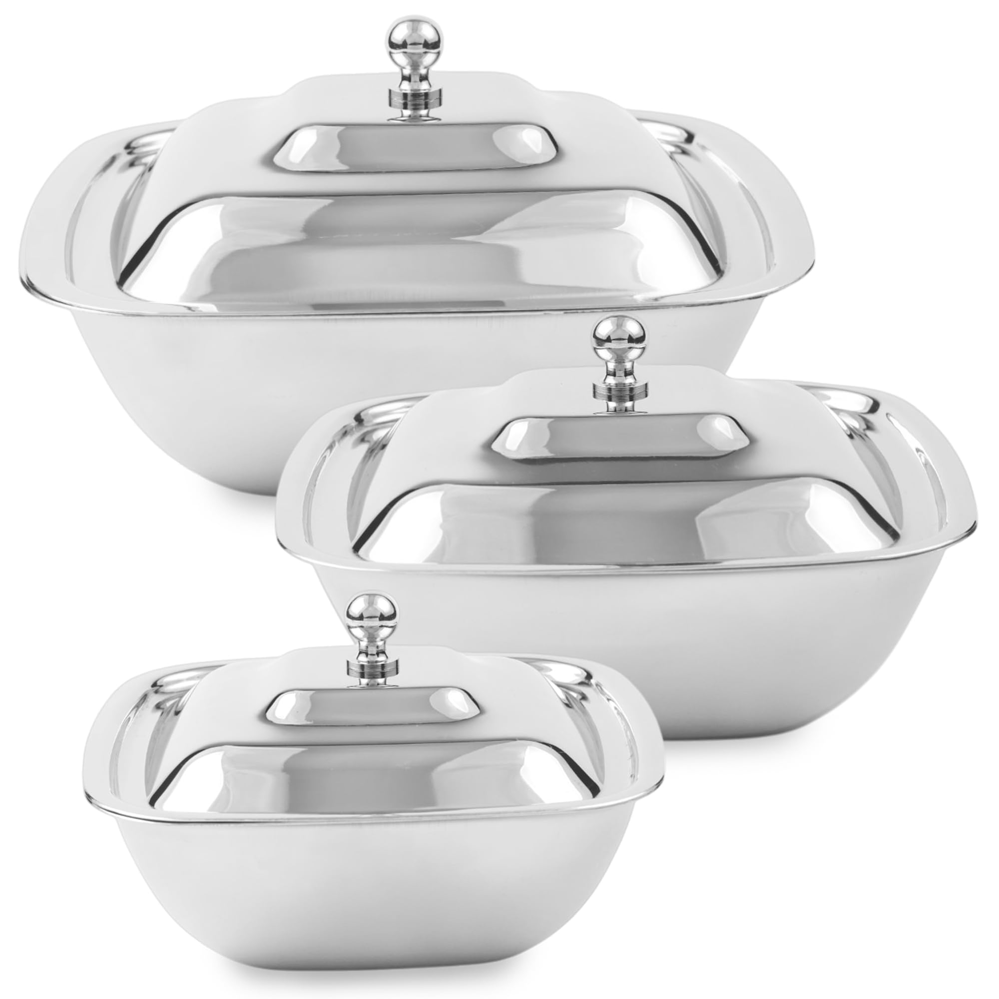 CRAFTONE Juego de 3 cuencos cuadrados de acero inoxidable con tapa, ideales para hornear y servir ensaladas, arroz, postre, juego de cuencos de almacenamiento de alimentos (20 onzas, 30 onzas y 35