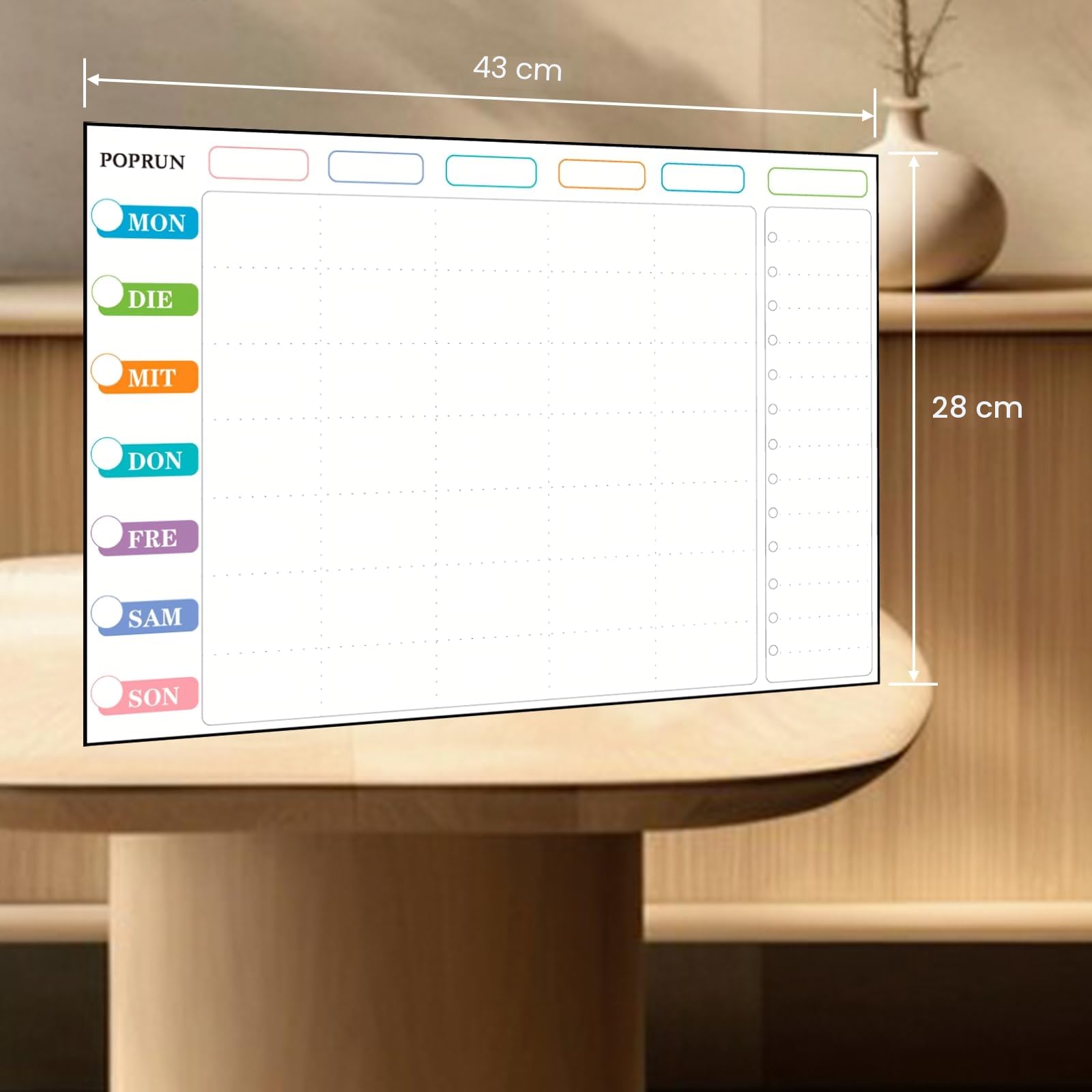 POPRUN Whiteboard Magnetisch 43 x 28 cm, Wochenplaner Abwischbar für Kühlschrank, Magnettafel als Haushaltsplaner, Essenplaner und Putzplaner für die Familie