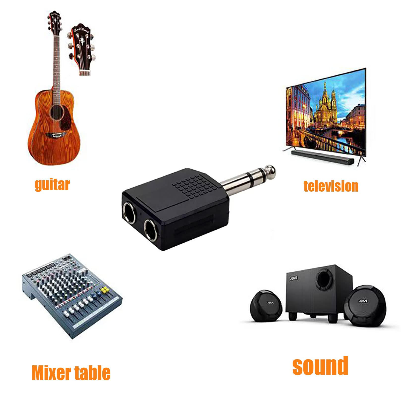 Adaptador de audio de interconexión estéreo de 6,5 mm, TRS macho de 6,35 mm a dos cabezales de audio hembra de 6,35 mm M-2 x 6,35 mm F-TRS