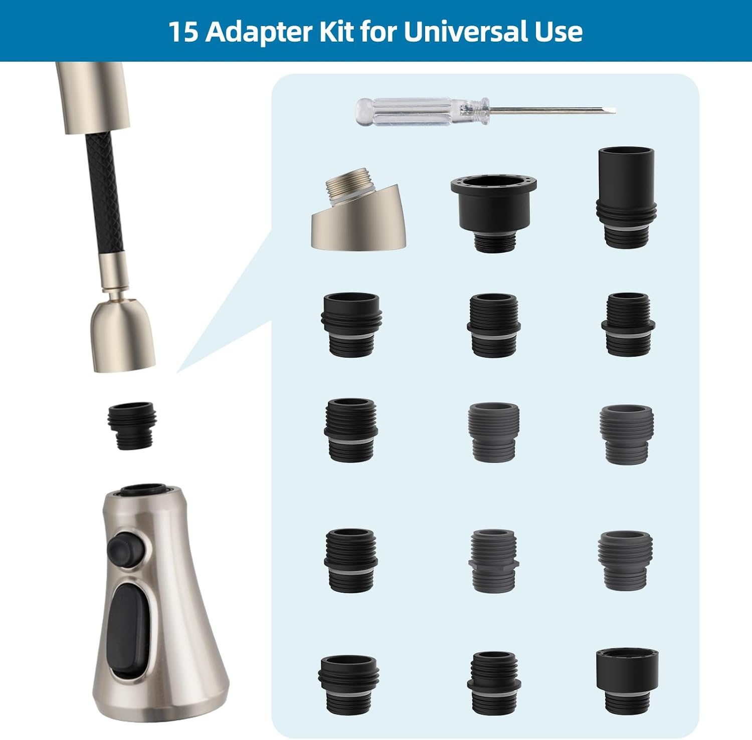 Universal Kitchen Faucet Head Replacement Compatible with Kohler/Moen/Delta Faucet with 15 Adapter Kit, 3 Function Pull Down Sink Faucet Spray Head, Brushed Nickel