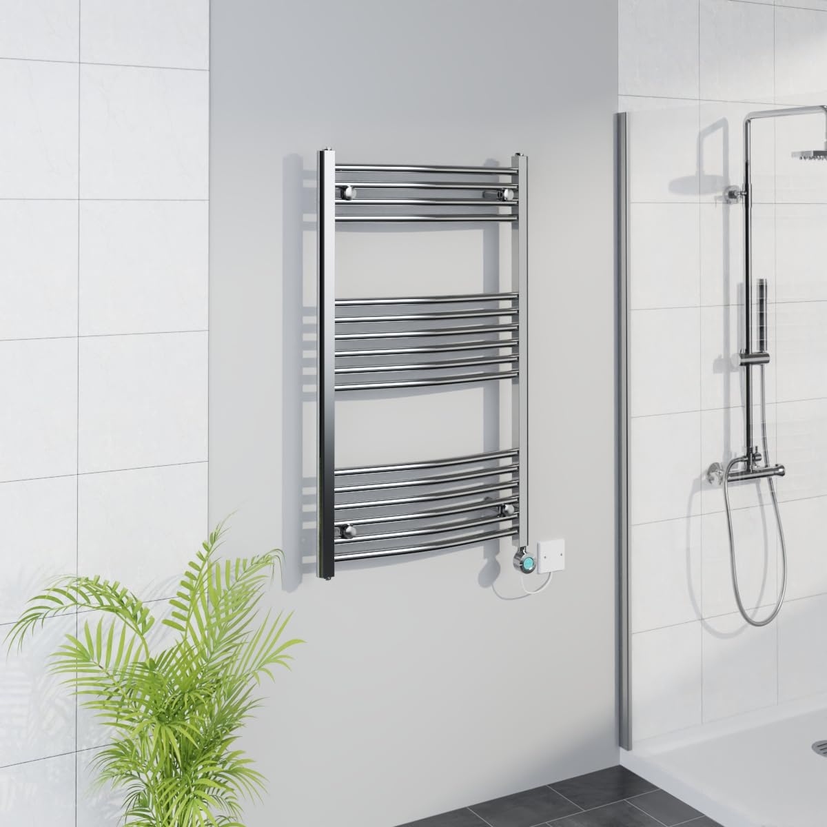 Warmehaus Smart WiFi Thermostatic Electric Bathroom Curved Heated Towel Rail Warmer Radiator with Timer 1000x600mm - Chrome