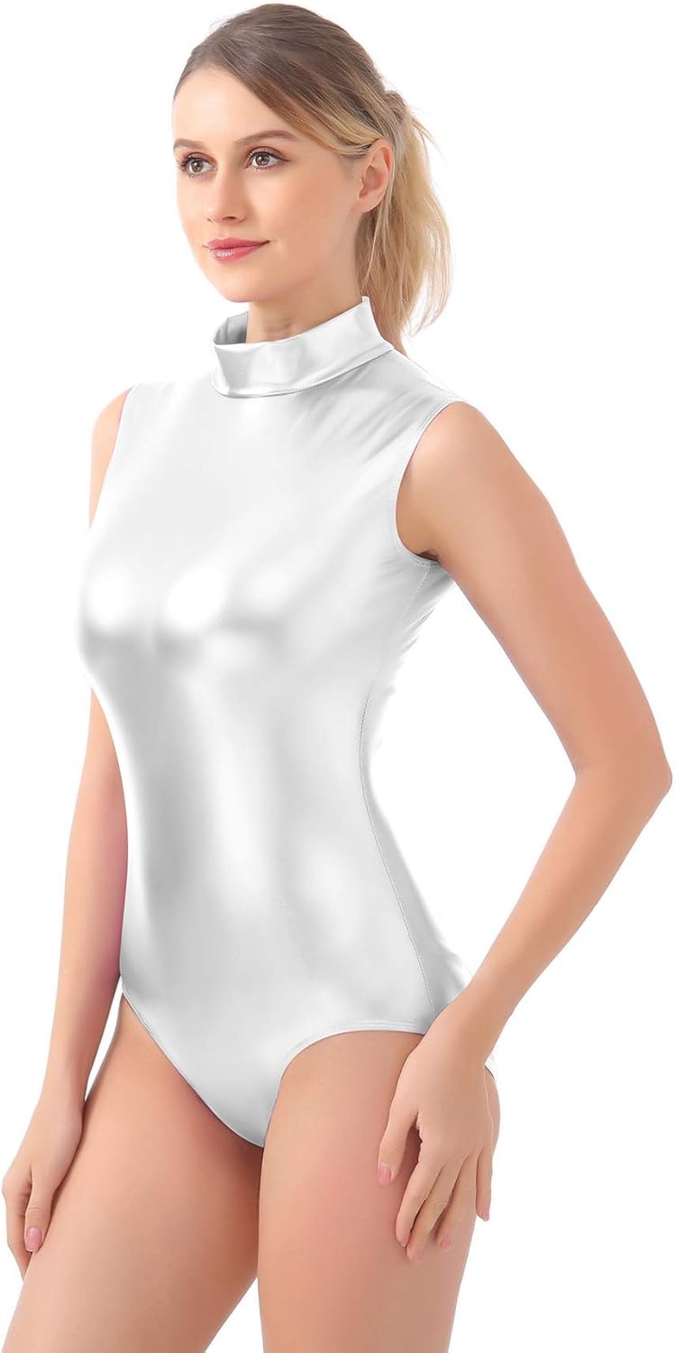 Kepblom Women's Sleeveless Shiny Metallic Leotard Sparkly Turtleneck Bodysuit - Image 5