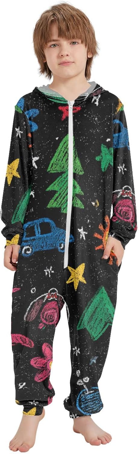 Hand Drawn Flower Car Cartoon CutePajamaSoft Warm Hooded One-Piecing Costumefor Parties Sleepovers