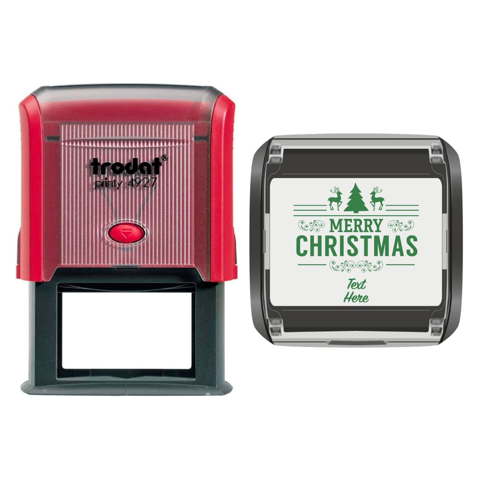 Trodat 4927 Personalised Christmas Card Message/Label Self Inking Rubber Stamp Christmas Tree Reindeer & Merry Christmas in Green Ink with 2 Lines of Customised Text