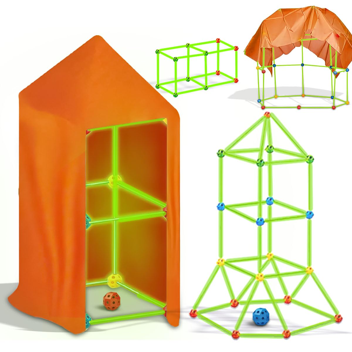 68pcs Fort 3D Blocks Building Kit with Glow Sticks DIY Construction Set for Kids 3+ Years Old STEM Creative Indoor and Outdoor Play Tent House Secret Base