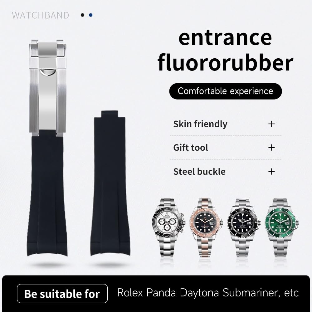 Para correa Rolex Submariner Daytona GMT Caucho natural FKM Correa de reloj alargada Hebilla deslizante Correas de reloj de caucho fluorado con extremo curvado de 20 mm