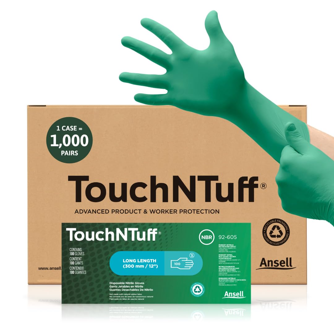 Ansell TouchNTuff 92-605 Nitrile Gloves, 6.3mil, Powder-Free Extended Cuff With Textured Fingers - XL (9.5-10), Green (Case)