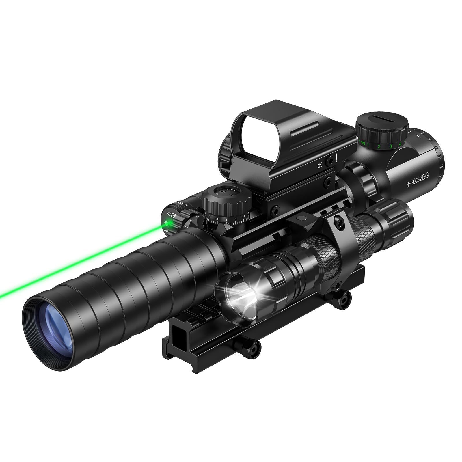 MidTen 3-9x32 Scope Combo with Dual Illuminated Scope Optics & 4 Holographic Reticle Red/Green Dot Sight & IIIA/2MW Laser Sight Rangefinder Illuminated Reflex Sight & 20mm Mount