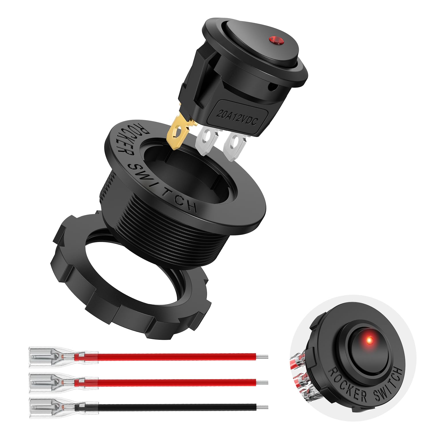 Nilight 1PC LED Rocker Switch 12V 20A Red Lighted ON Off Round Toggle