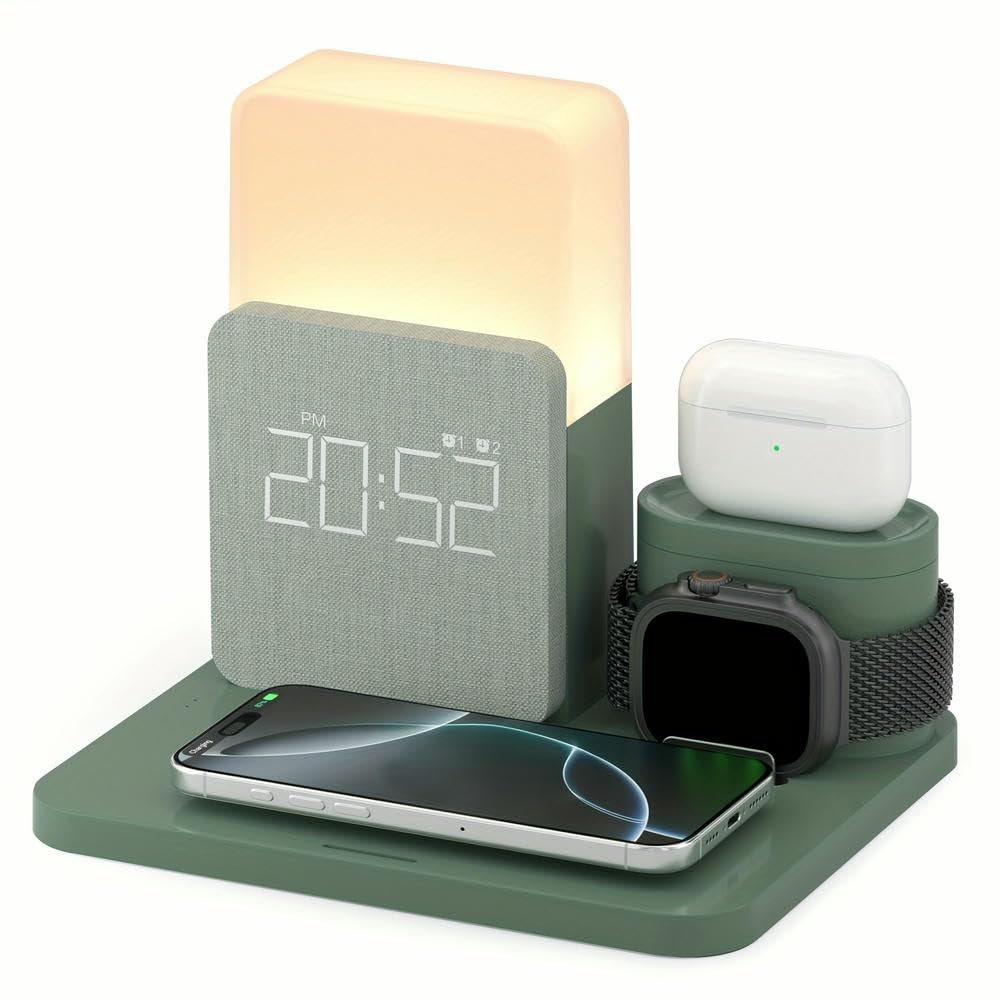 SECWL Digital Alarm Clock with Wireless Charging, 4 in 1 multi-function alarm clocks bedside，Alarm Clock Clock for Bedroom, Home, Office
