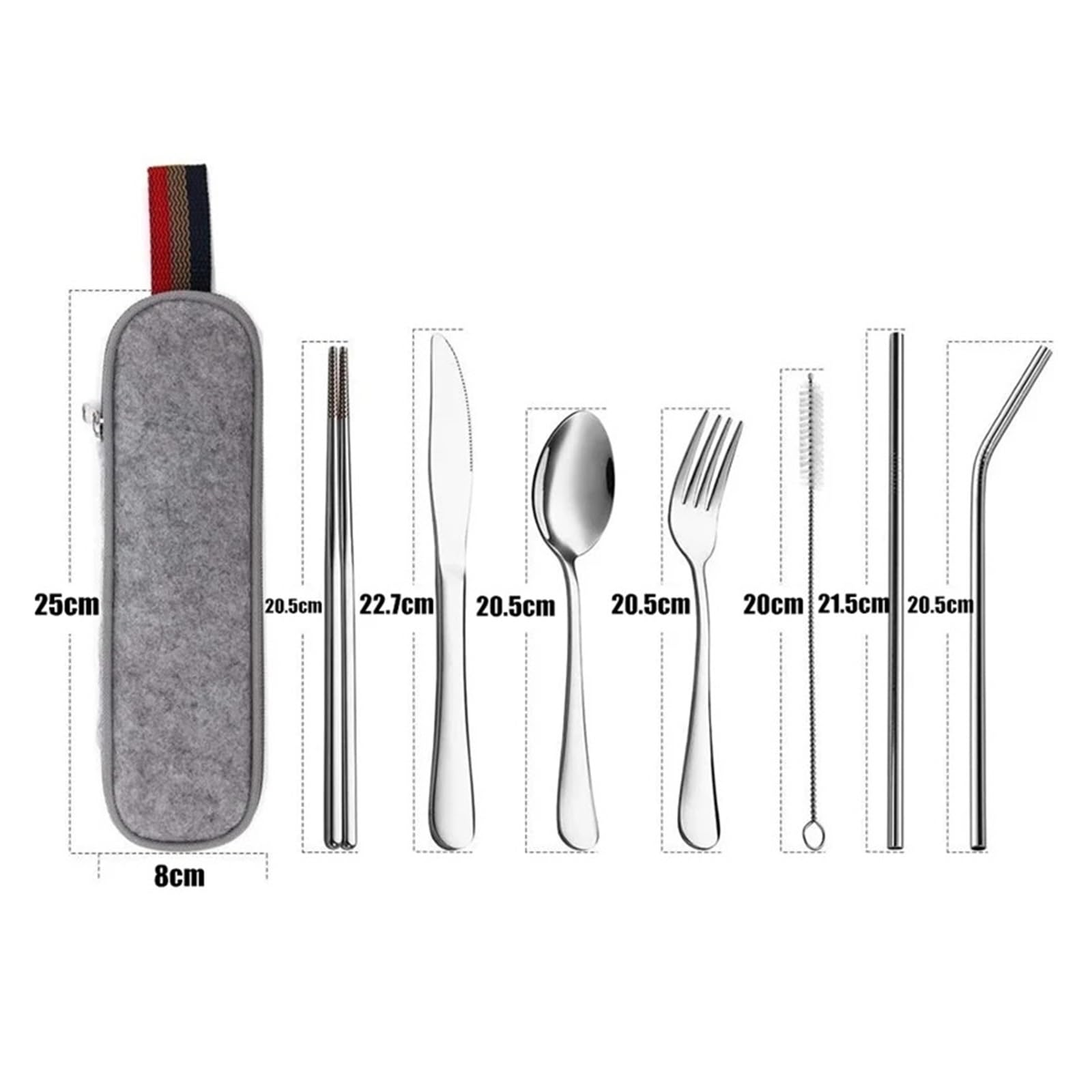 Juego de cubiertos de viaje reutilizables, 8 utensilios portátiles de acero inoxidable con cuchara, tenedor, palillos, pajitas y estuche para camping y viajes