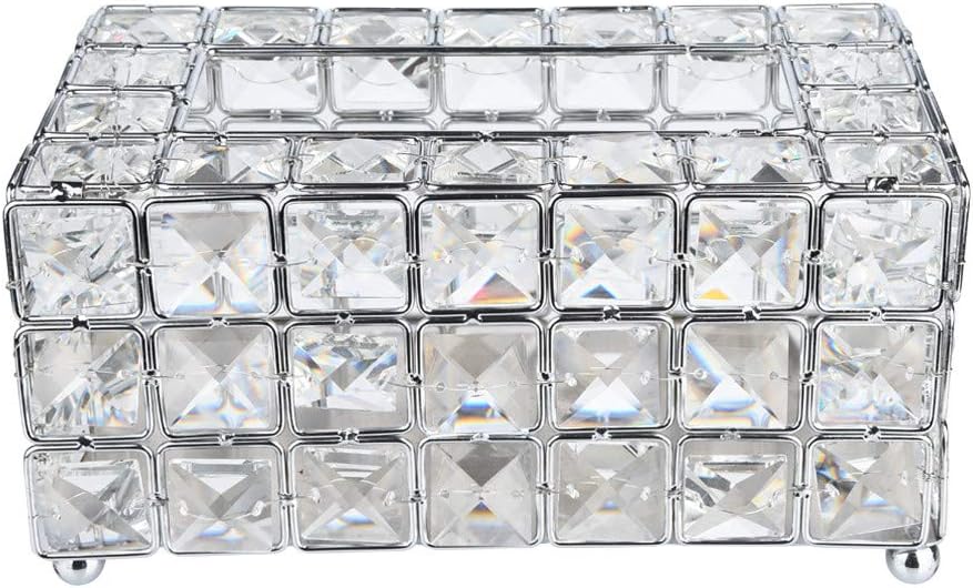 Handmade Square Crystal Tissue Box Rectangular Holder for Storage on Bathroom Vanity, Countertop, Bedroom Dresser, Night Stand, Desk, Table Tissue Tray (Silver)
