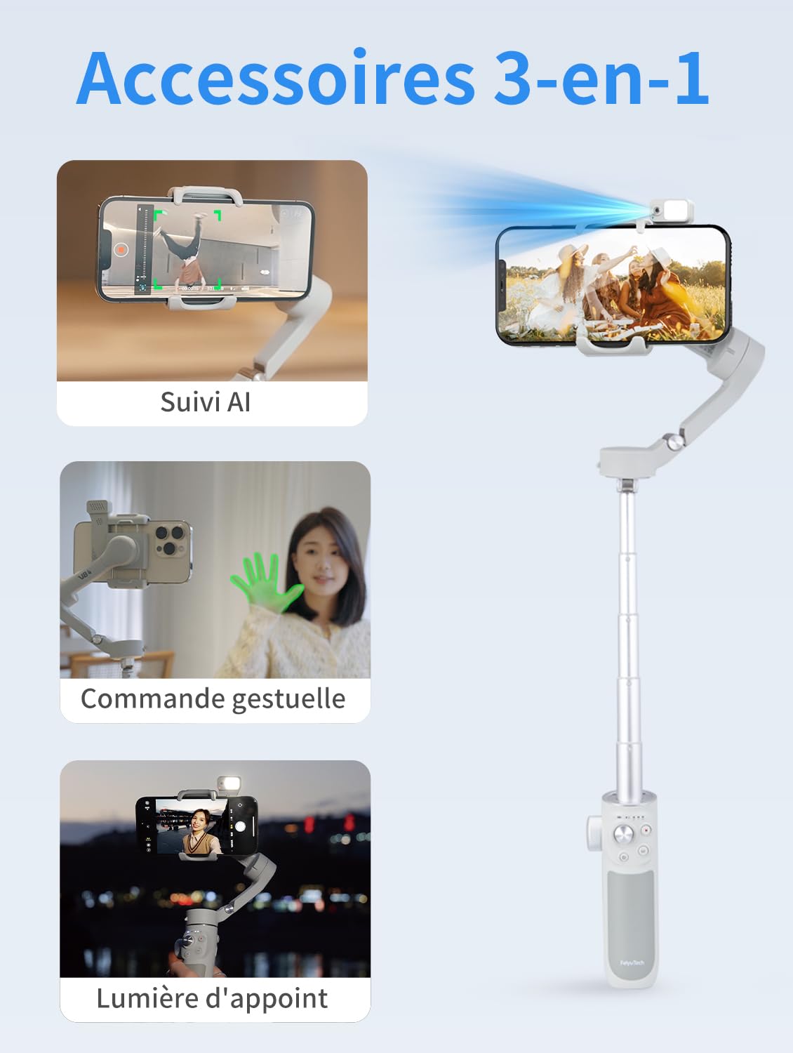 Feiyutech VB4 Kit Stabilisateur Smartphone avec Suivi 3 Axes,Traceur Magnétique AI 2-en-1&Lumière de Remplissage ACC.,Tige d'extension de 216mm,Charge utile de 260g,Stabilisateur pour iPhone/Android