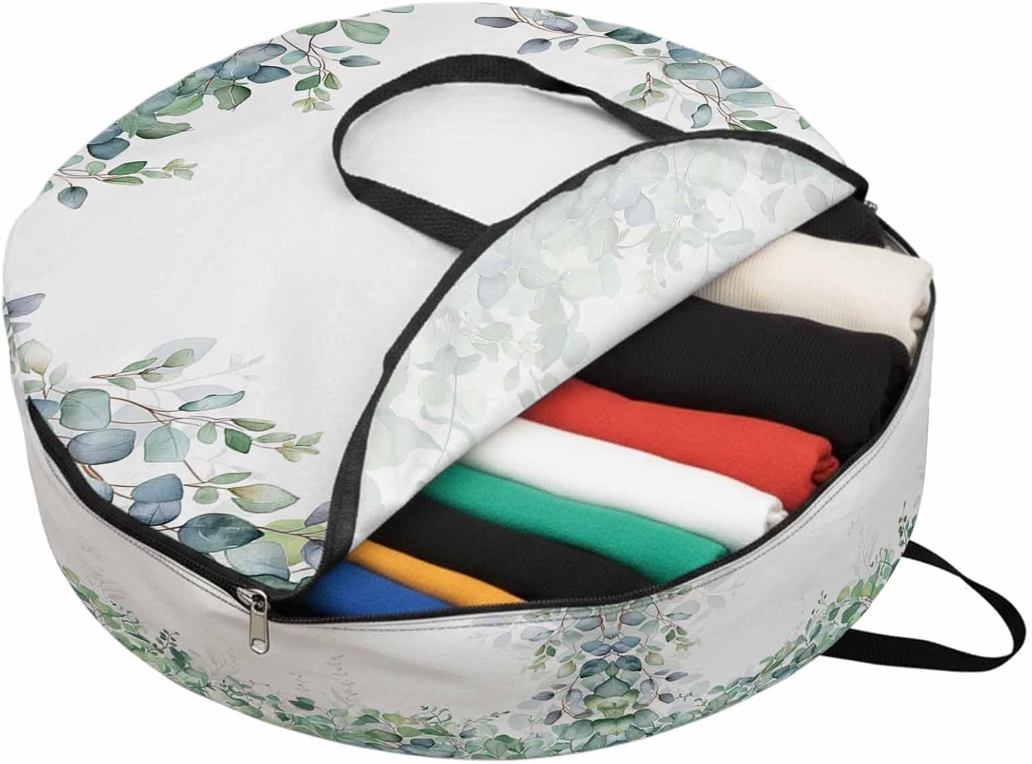 Spring Green Leaf Round Storage Bag 36 Inch, Watercolor Eucalyptus Leaves Farmhouse Clothes Storage Container with Handles Heavy Duty Organizer for Comforter, Bedding & Holiday Wreaths