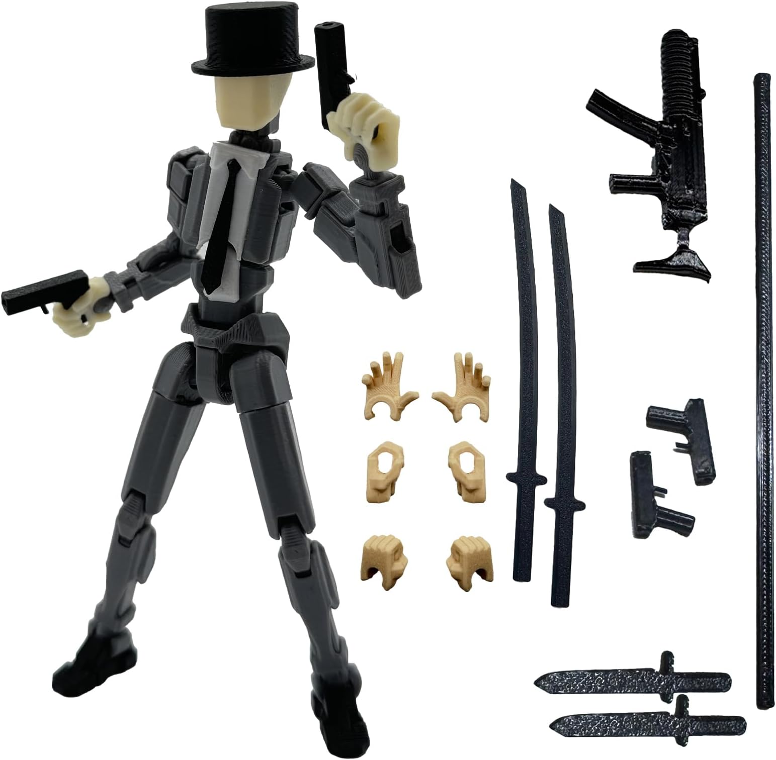 3D Printed 5.54-inch Multi-Jointed Action Figures Dummy13, Full Body Mechanical Movable Toy, Multiple Accessories, Hand Painted Figure, Desk Decoration, Creative Gifts (Y-Gray Gentleman)