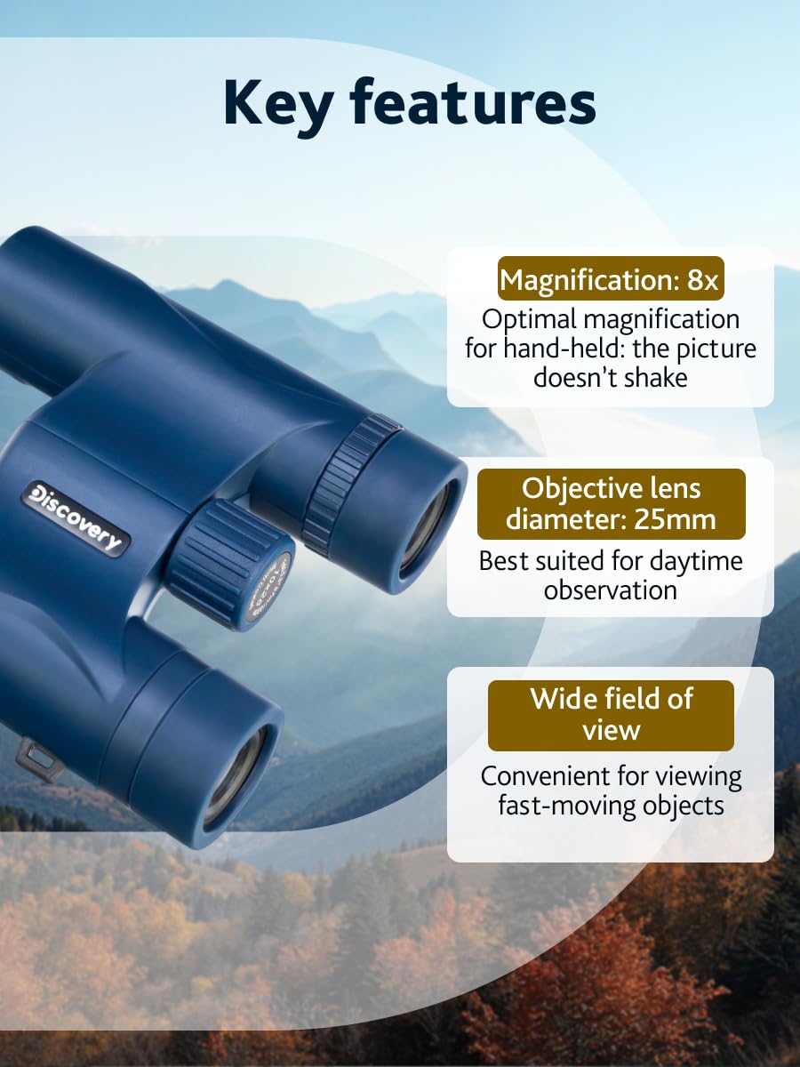 Discovery Elbrus 10 x 25 mini lornetka z pryzmatem dachowym do aktywności na świeżym powietrzu i imprez sportowych, kolor niebieski | Wielowarstwowa Optyka BK-7, Przenośna, Montaż na Statywie, Idealna do Podróży, Obserwacji Przyrody, Outdooru i Birdwatchi