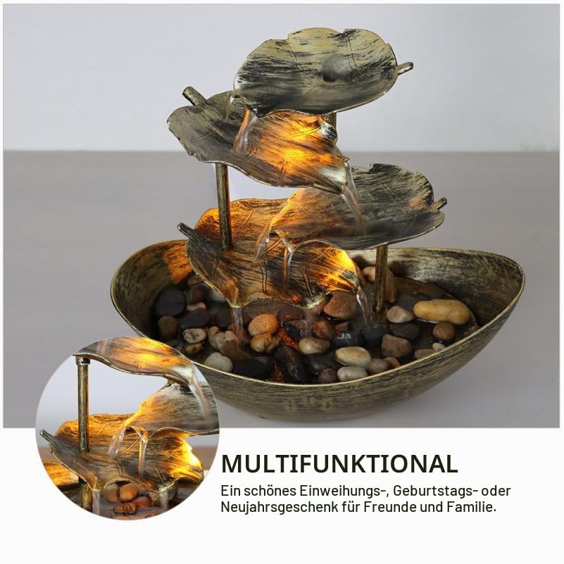 Wasserbrunnen im Barren-Stil Lotusblatt-Design Wasserfall-Ornament Desktop-Brunnen Heimdekoration -Nachtlicht-Funktion