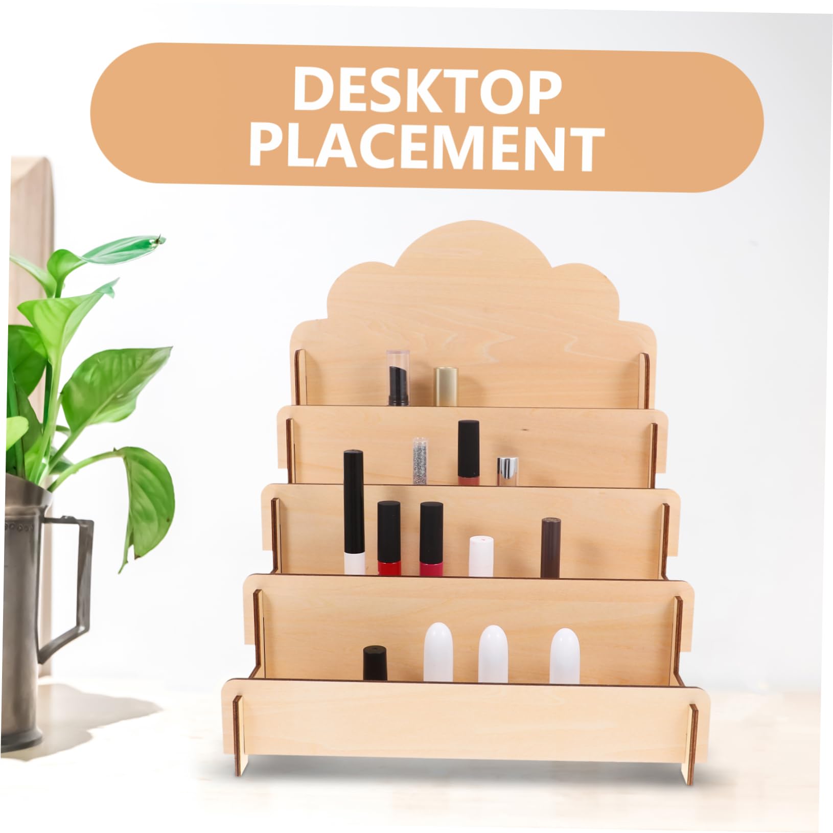 Expositor de Tarjetas de Madera Beige Niveles para Mostrador | Organización en Sobremesa, Estructura Escalonada, Diseño Simple Moderno