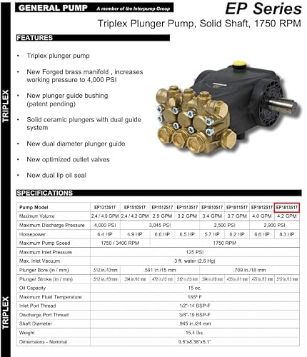 General Pump EP1813S17 (2900 PSI/ 4.2 GPM) - EP Series -24 MM Solid Shaft - 1750 RPM - Brass Manifold - Pressure Washer Pump