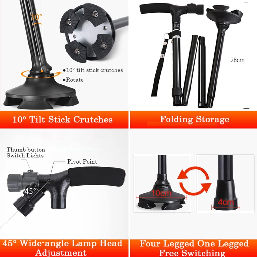 NGD Bastón Cuadrípode Plegables con Luz LED,Muletas Ortopédicas de Aluminio de Regulables en Altura con Agarres Ergonómicos,para Adulto con Alturas de 140~200cm(Negro/Rosa/Plateado) (Color : Black)
