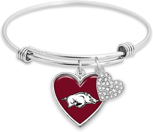 Arkansas Razorbacks Amara Crystal Heart Brazalete de plata ajustable Joyería Regalo UA, Sin gemas.