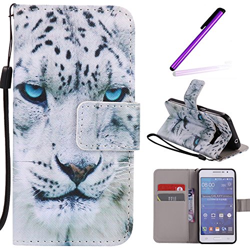 Galaxy G530 Case, Leecoco Fancy Paint Floral Design Case [Credit Cards Slot] [Cash Pockets] Pu Leather Flip Wallet Case With Stand For Samsung Galaxy Grand Prime Lte G530,Blue Eyes Tiger #TOP2