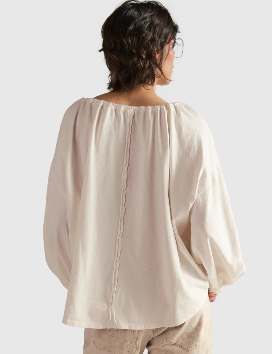 Esmeling Women Tie Neck Blouse Drawstring Balloon Long Sleeves Tops Loose Casual Solid Shirts