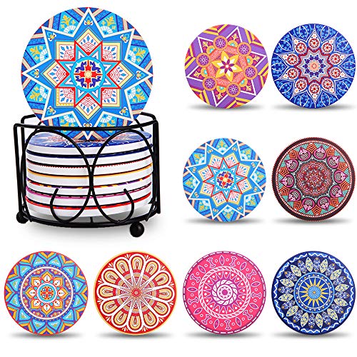 BEYAOBN Portavasos Conjunto de 8 Posavasos de cerámica con Piedra Absorbente de Corcho,Diseño Premium Taza de Bebida de café,10cm