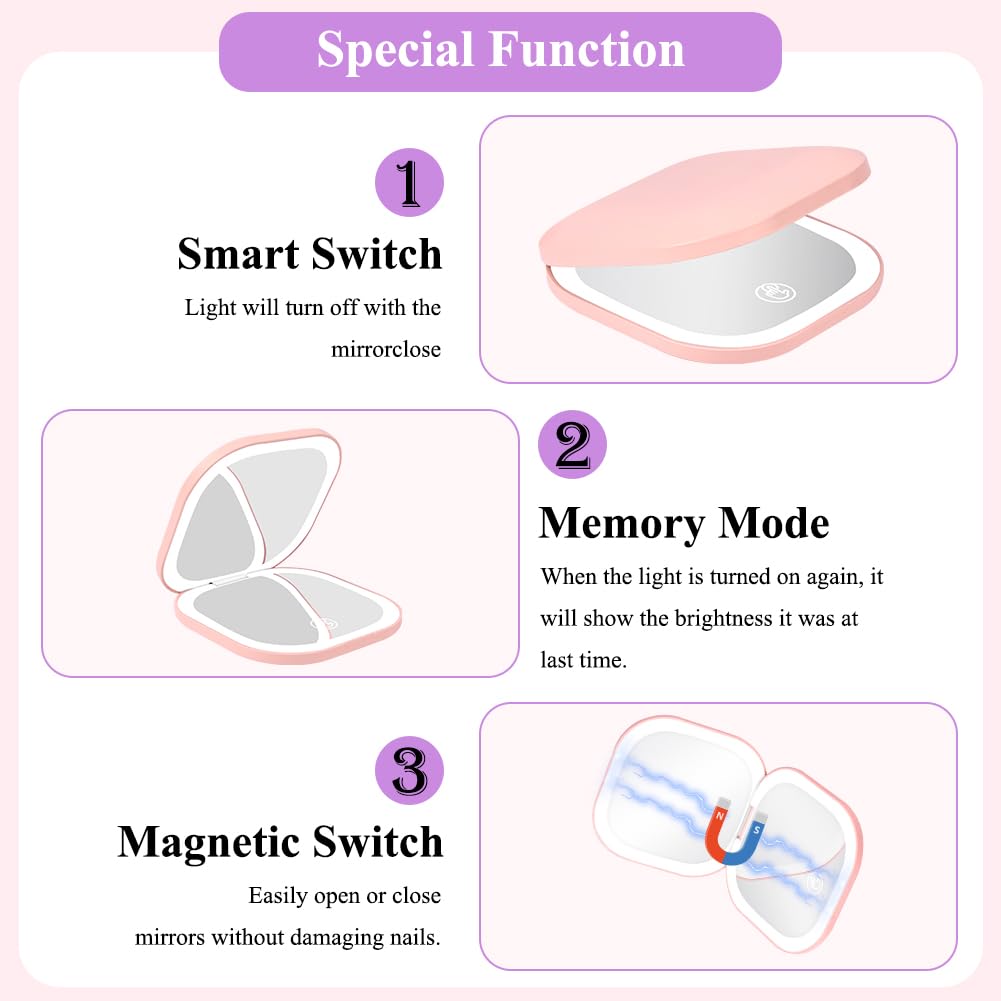 HOTUT Specchio da Trucco con Luce LED,1X/3X Specchio Ingranditore da Viaggio,3 Colori di Luce,Luminosità Regolabile,USB Ricaricabile a Specchi Illuminato Bifacciale,Ideale per Casa e Viaggio,Rosa