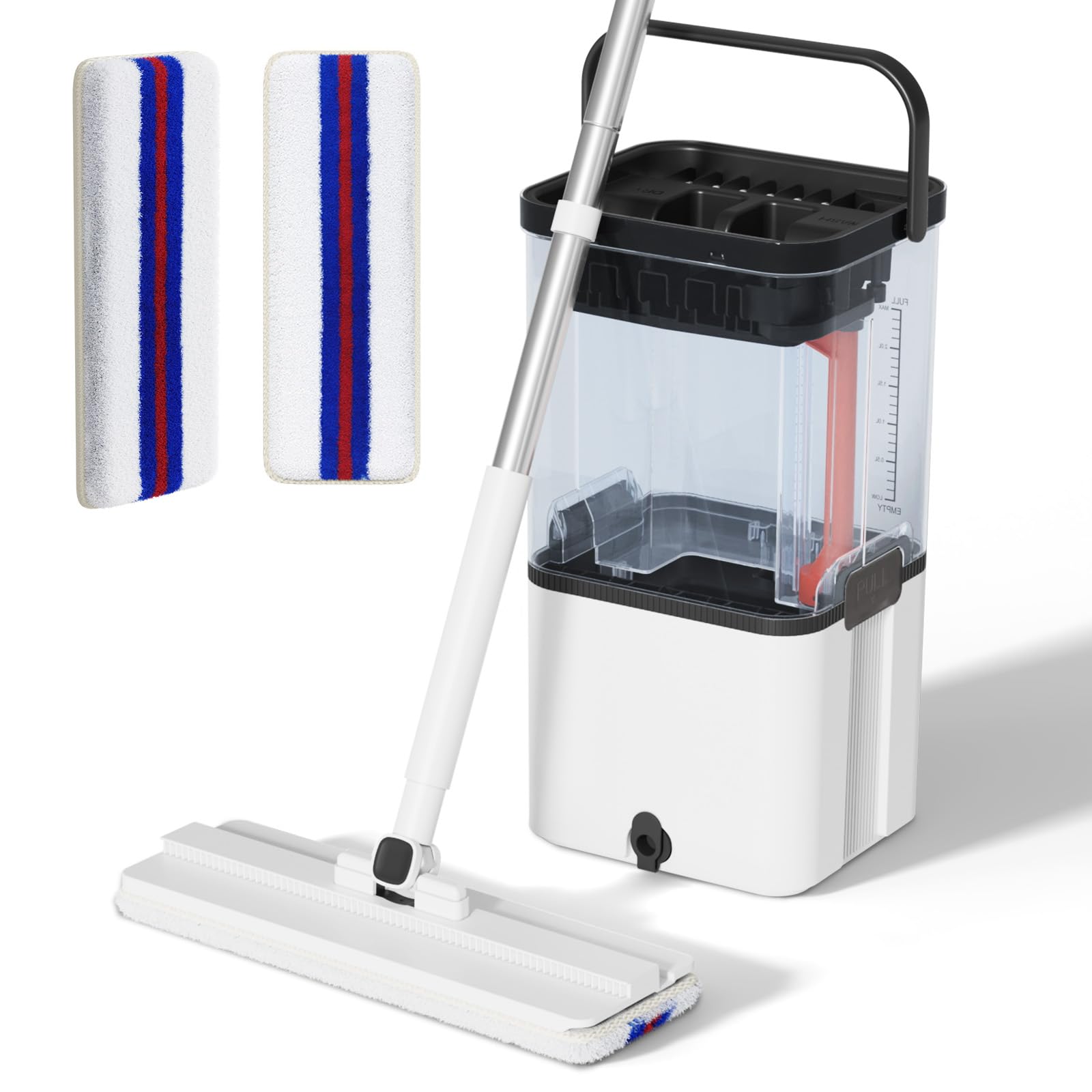 Serpillère Seau Essoreur avec Séparation Eau Propre et Sale, Balai Serpillère Plat Microfibre avec 2 Coussinets, Amovible Seau Essoreur avec Serpillère de Nettoyage pour Sols(Blanc)