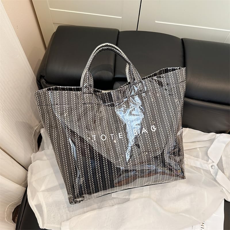 Image of Lushandy Striped PVC Tote Bag for Women, Waterproof Plastic Tote Bag for Beach Pool Large Top Handle Travel Hobo Handbag