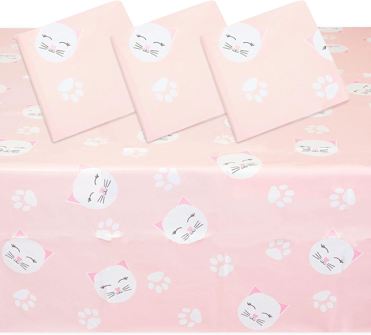 Sparkle and Bash 3 Pack Cat Themed Party Tablecloth, Plastic Kitty Birthday Table Cover Decorations (Pink, 54 x 108)