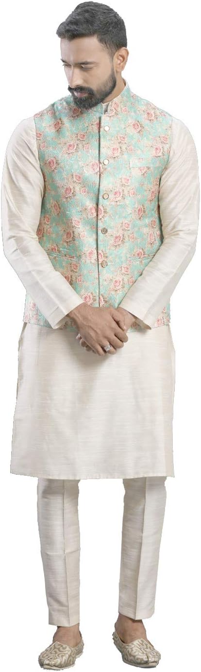 Men's Indian Cotton Kurta Pajama And Printed Nehru Jacket (Waistcoat) Indian Wedding Ethnic Diwali Puja Set