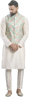 Men's Indian Cotton Kurta Pajama And Printed Nehru Jacket (Waistcoat) Indian Wedding Ethnic Diwali Puja Set