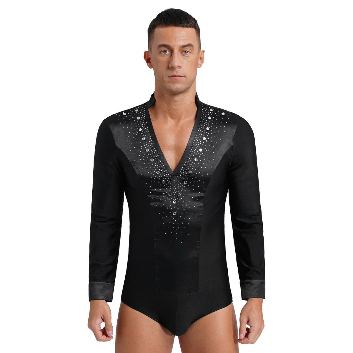 Justaucorps de danse latine pour homme avec col en V et manches longues Cha-Cha Samba Rumba Tango Performance, Noir , XL