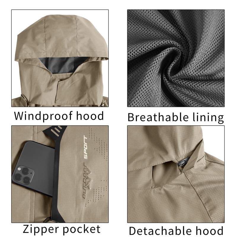 Image of TEZO Mens Rain Jacket Waterproof with Hooded Hiking Coat Lightweight Windbreaker | Windproof Mountain Jacket,Multi Zip Pockets Windbreaker,Work,Breathable,Fishing,Active Performance Shell Jackets,Outer Layer