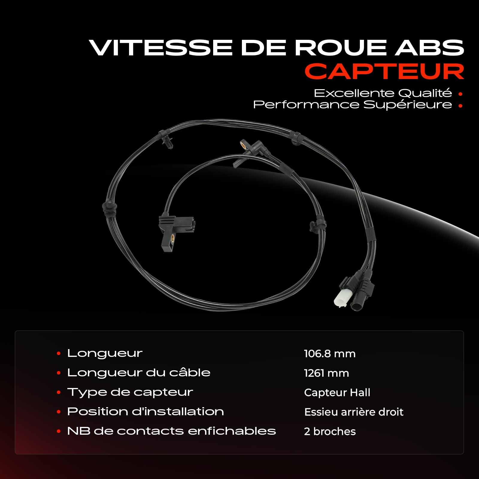 Frankberg Capteur ABS, capteur de vitesse de roue arrière droit, 2 broches | A6394404806; Compatible avec: Bus Vito W639, Viano W639, Vito/Mixto Fourgon W639