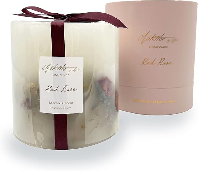 Nikita Luxury Rose or Lavender Scented Candles - Botanical Pillar Candle - Natural Dried Flowers - Large Scented Candle Gift Sets for Women - Long Burning Soy Candle - Housewarming Gift (Red Rose)